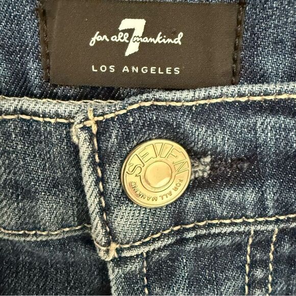 7 For All Mankind Cropped Alexa Blue Flare Jeans with Distressed Hem - Picture 3 of 10